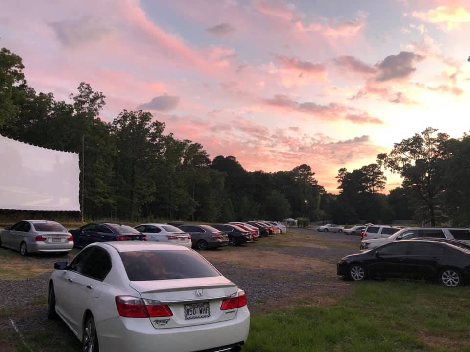 A pink and purple sunset over the Metroplex's Drive In movie theater in North Little Rock Arkansas.