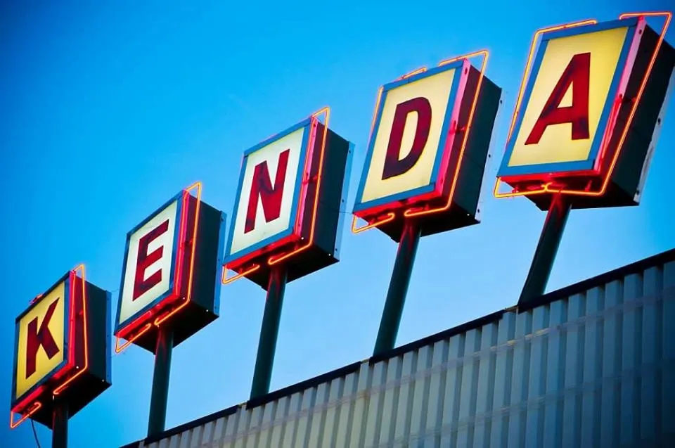 A vintage, neon sign from the 1960s for the Kenda Drive-In Movie Theater in Marshall, Arkansas.